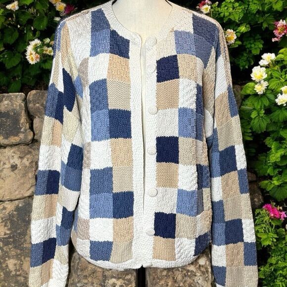VTG Reed Hunter Handknit Granny Square Patchwork Cardigan Sweater Large Cottage - Picture 1 of 13